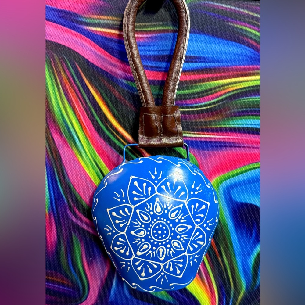 Hand Painted Blue Metal Bell Leather Handle Folk Art Rustic Cottagecore Decor